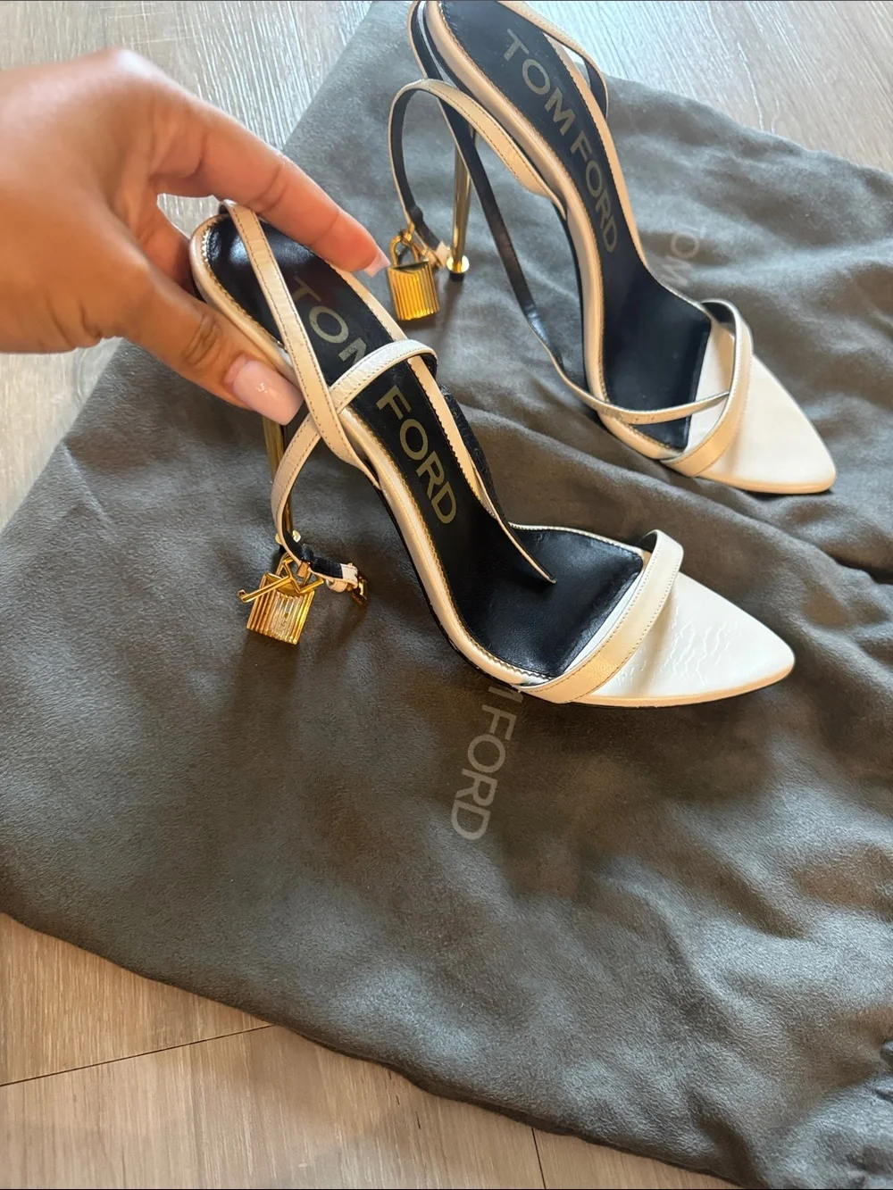 Tom Ford Black and White Leather Strappy Pointed-Toe Heels